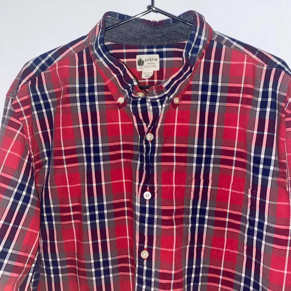J.Crew Men’s Chapman Washed Tartan Plaid Button-Down Shirt | Red Blue Cotton XL